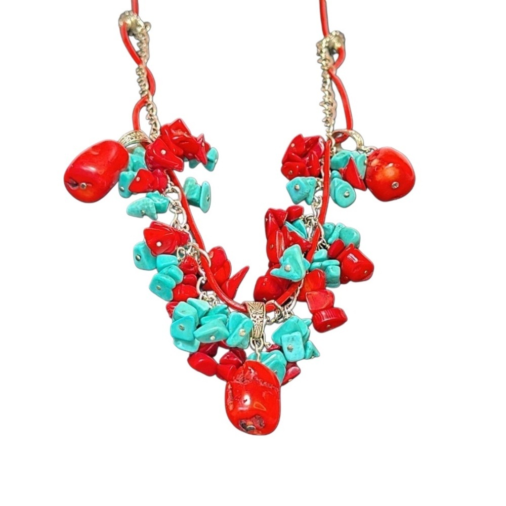 TURQUOISE CORAL Genuine Vinyl Cord & Silver Tone Chain Boho